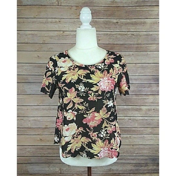 Topshop top black multicolor floral scalloped hem and sleeves women's size 2 - Picture 2 of 8